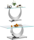 2 Pieces Living Room Table Set, Glass Coffee Table Set of 2, Modern Coffee Table and Console Table with U-Shaped Stainless Steel Base for Living Room (Silver)