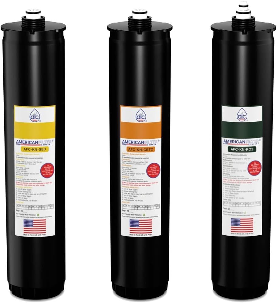 American Filter Company®Brand Model # AFC-KN-YOG Water Filters, Compatible with Kinetico® K5 systems, Cartridge set (Part # 9309A, 9306B & 12752A) Yellow/Orange/Green - 6 Month Pack