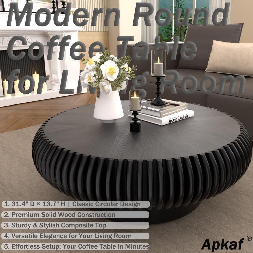 Round Coffee Table for Living Room Modern Solid Wood Fluted Design Coffee Tables with Sturdy Pedestal for Small Space Circle Center Table Accent Tea Table for Apartment, Easy Assemble (Black, 31.4)