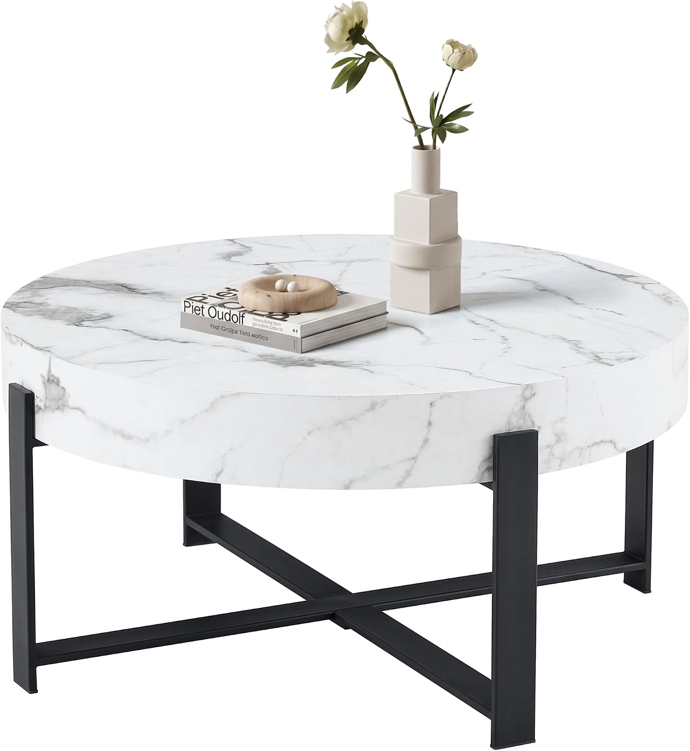 Marble Round Coffee Table Modern Coffee Tables for Living Room Travertine Stone Coffee Table with Storage for Apartment Office Small Space