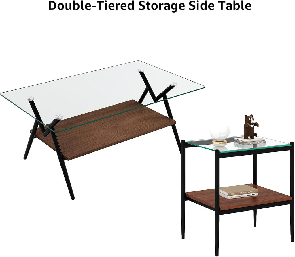 ODUSE-DAILY Coffee Table and End Table 3 Piece Living Room Set, Black Metal Frame Glass Top End Tables, Square Top Shelf, Sofa or Couch Side Tables, Mesa de Centro para Sala (3 Pcs)