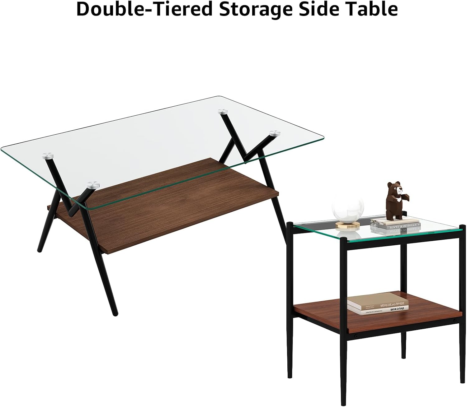 ODUSE-DAILY Coffee Table and End Table 3 Piece Living Room Set, Black Metal Frame Glass Top End Tables, Square Top Shelf, Sofa or Couch Side Tables, Mesa de Centro para Sala (3 Pcs)