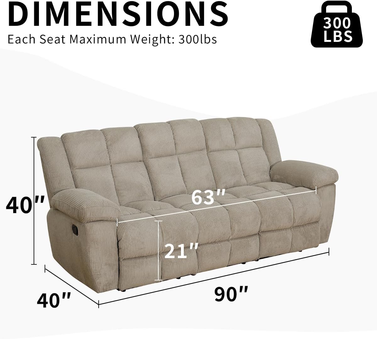 Maunal Recliner Sofa Set, Corduroy Fabric Reclining Living Room Set, Reclining Sofa Couch with Console & Cup Houlders for Living Room (Beige, 3 Seater Recliner Sofa)
