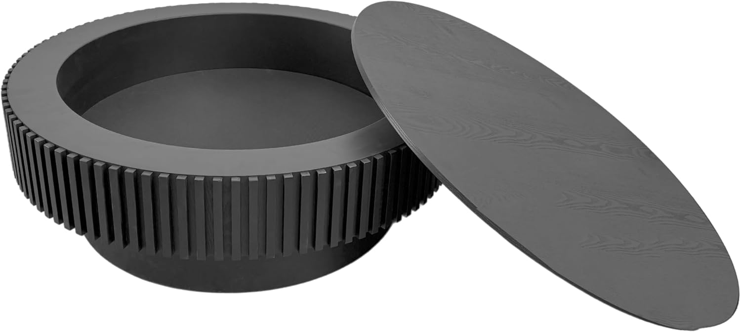 39' Round Coffee Table with Hidden Storage Compartment, Modern Handcraft Fluted Drum Coffee Table, Wooden Circle Center Table Cocktail Tea Table with Sturdy Pedestal for Living Room, Black