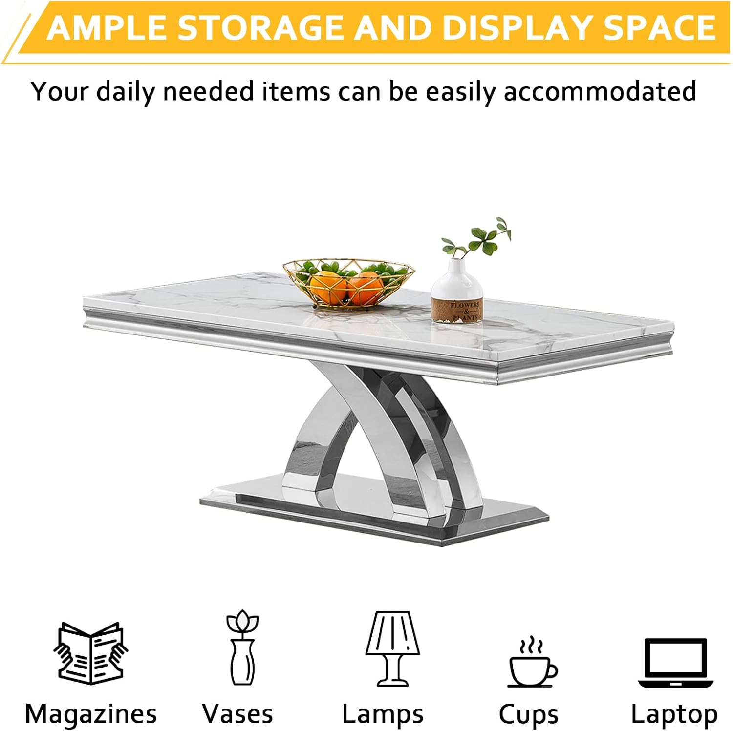 3 Pieces Coffee Table Set, Faux Marble Living Room Table Set of 3, Modern Coffee Table and 2 End Tables with X-Shaped Stainless Steel Base for Living Room (White Silver)