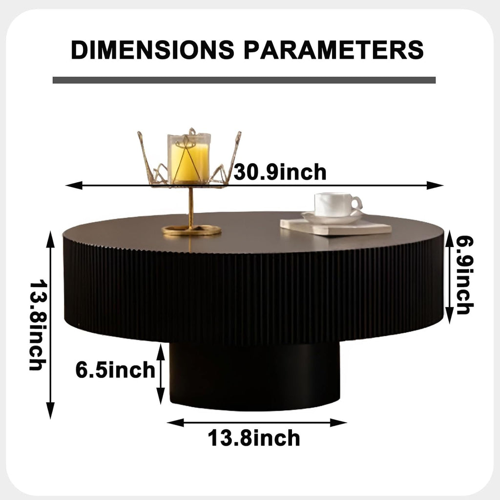 Round Coffee Table, Handcrafted Fluted Drum Coffee Tables Modern Wood Coffee Table Circle Drum Center Table for Living Room, Apartment (Black Thick)
