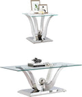 Glass Coffee Table Set, Silver Coffee Table with 1 Square End Side Table, Modern 2 Piece Living Room Table Set with Gorgeous Stainless Steel Frame for Apartment Home Office,Easy Assembly Furniture