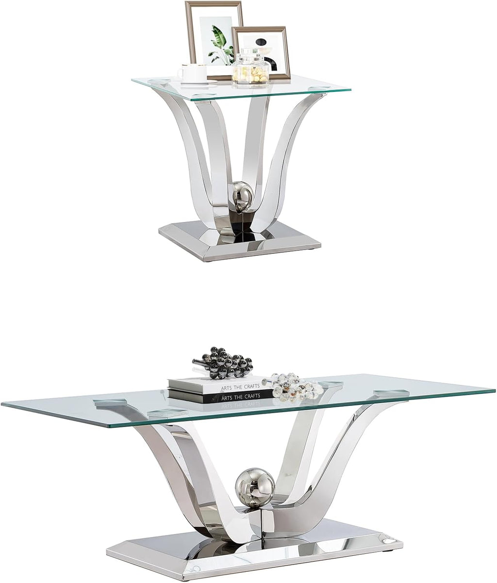 Luxury Glass Coffee Table Set of 2 Piece Silver Living Room Table Set of 2 Including Coffee and End Table Set, Gorgeous Stainless Steel Frame, Clear Glass Top for Living Room Home Office Apartment
