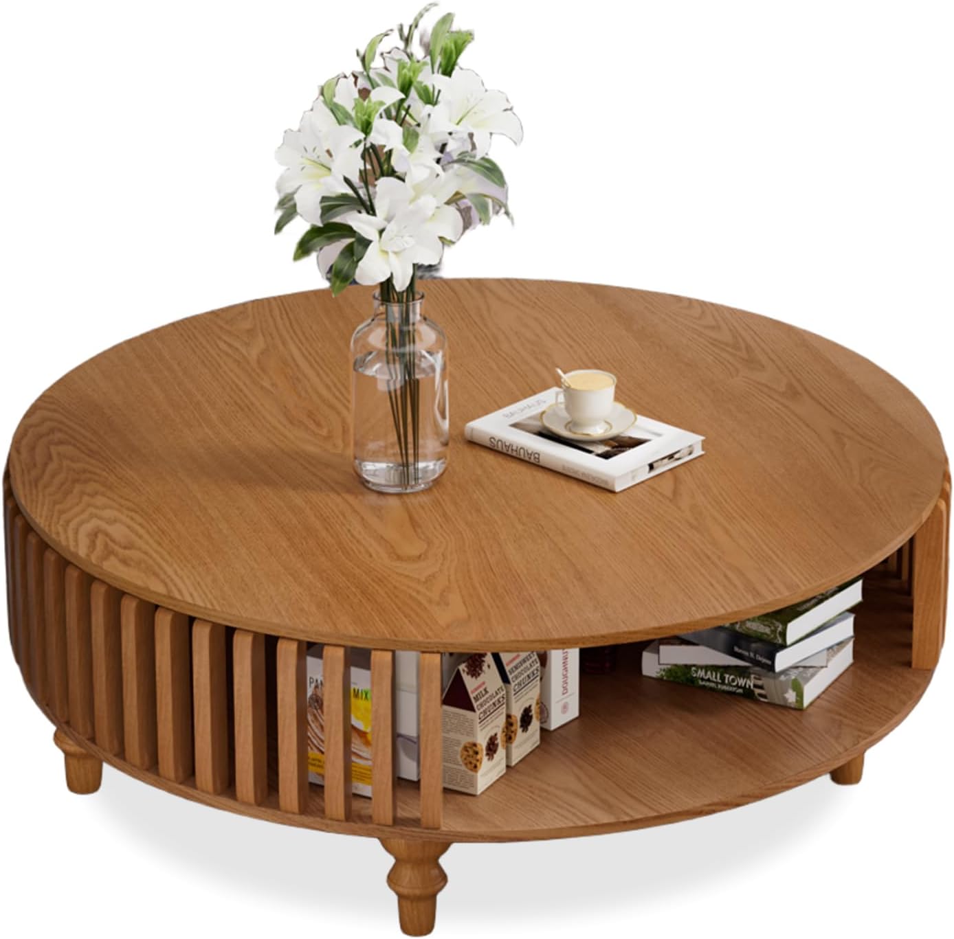 2-Tier Round Coffee Table 39.4' Round Coffee Table with Storage Mid-Century Modern Circle Accent Center Table Farmhouse Low Cocktail Tea Furniture for Living Room Small Spaces (39.4' Round)