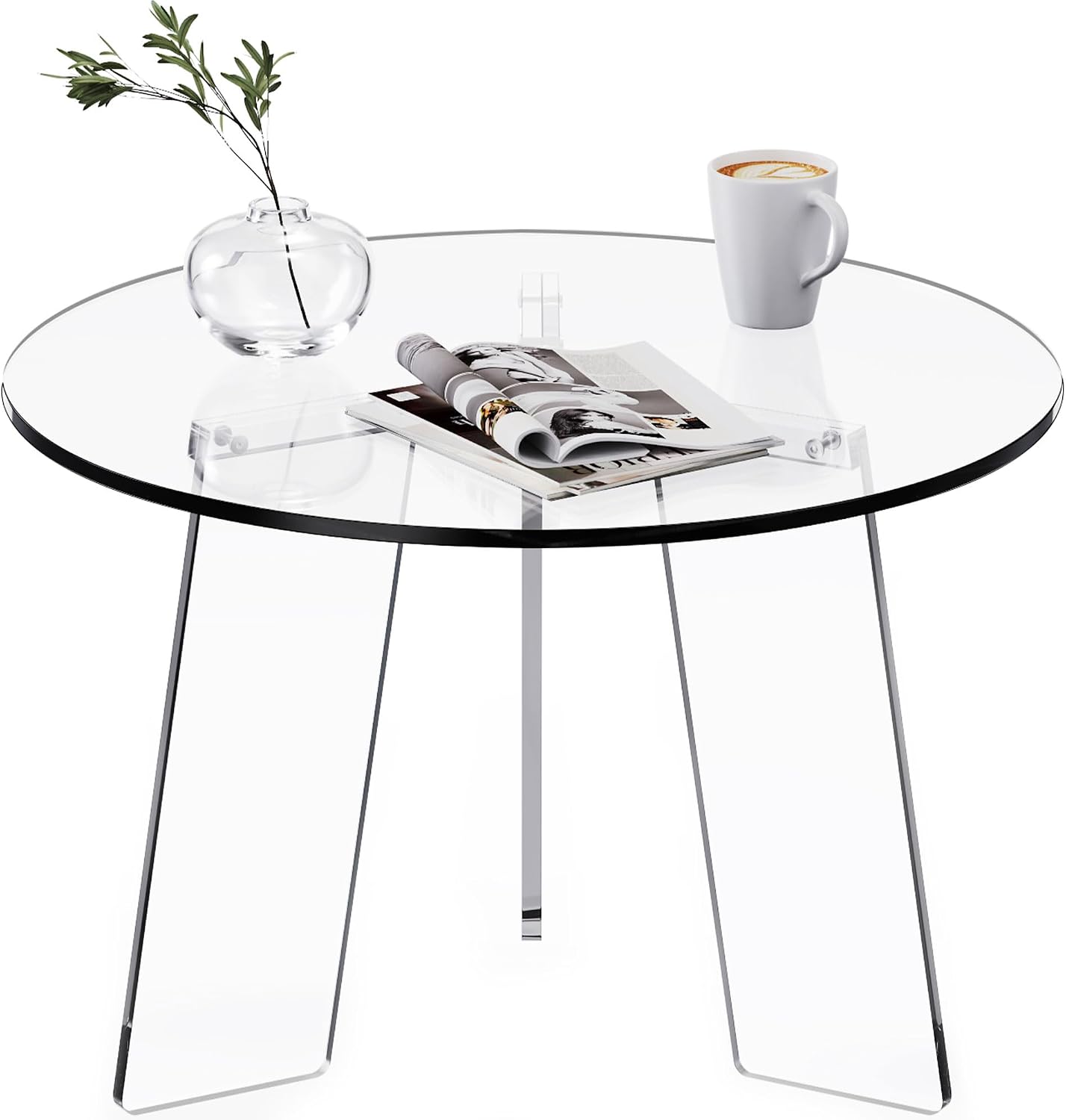 Acrylic Coffee Table Round, Clear Circle Modern Lucite Side Table Legs for Living Room, Bedroom, Office (Clear, 23.6' × 15.7')