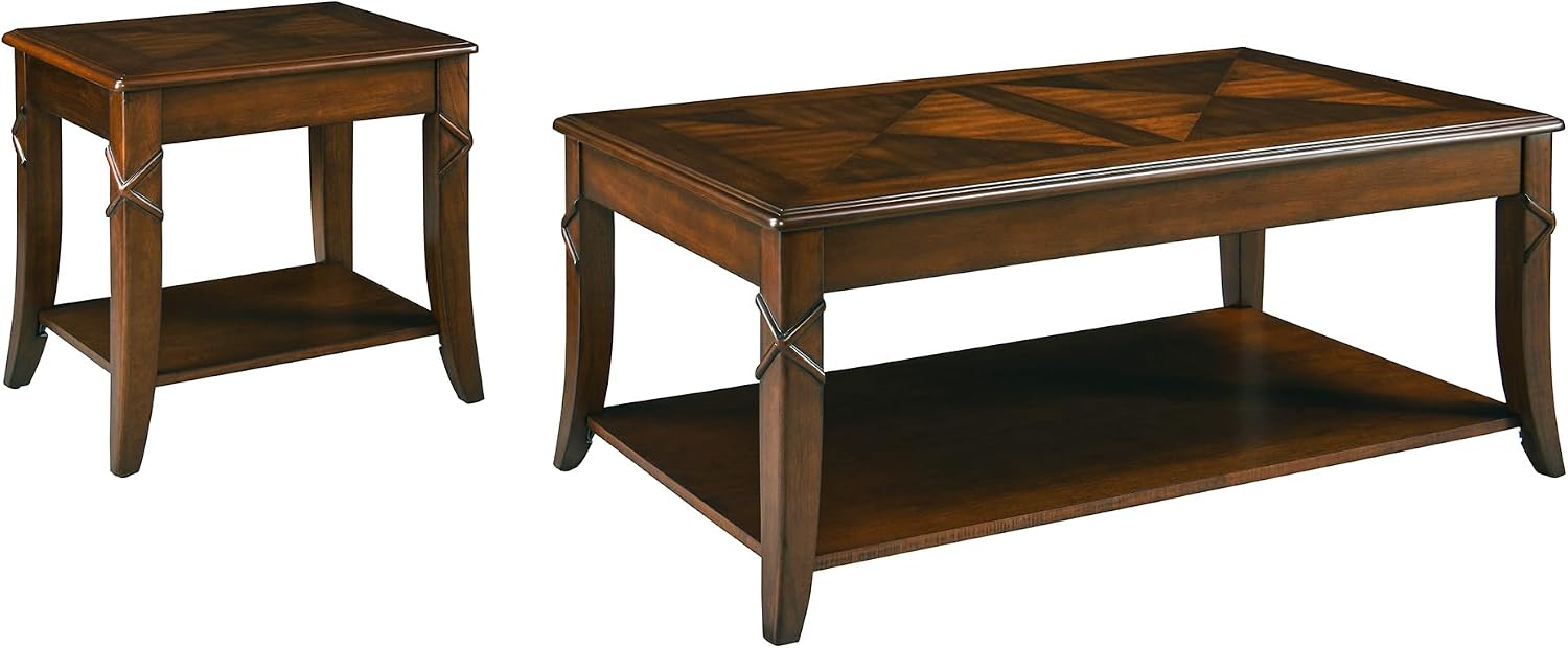 Mid-Century Modern Living Room Coffee Table Set, 2-Piece Solid Wood Living Room Table Set, 1 Solid Wood Coffee Table with Storage Shelf and 1 End Table, Cherry Walnut KFZ-DR200-2