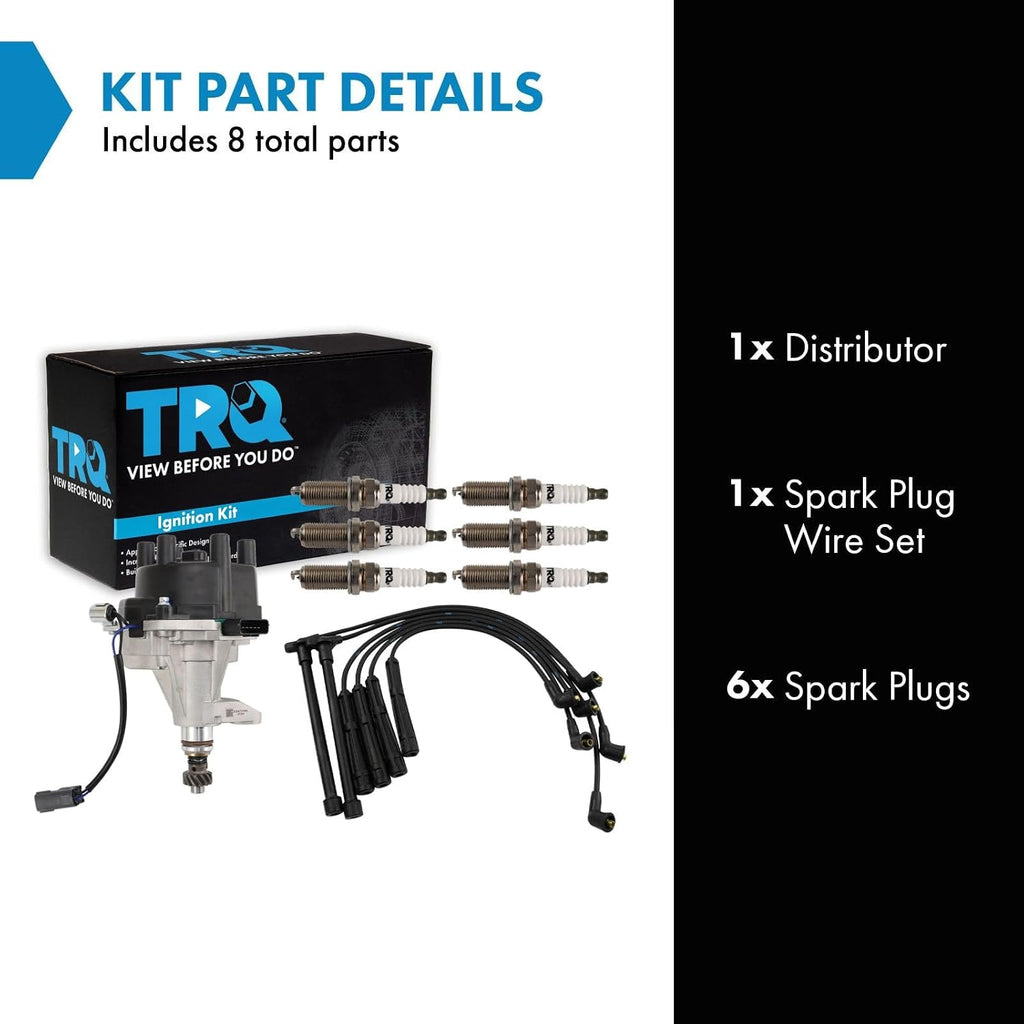 TRQ Ignition Coil and Spark Plug Kit 8 Piece Distributor Spark Plug Wires Compatible with 2002-2004 Nissan Frontier 2003-2004 Xterra
