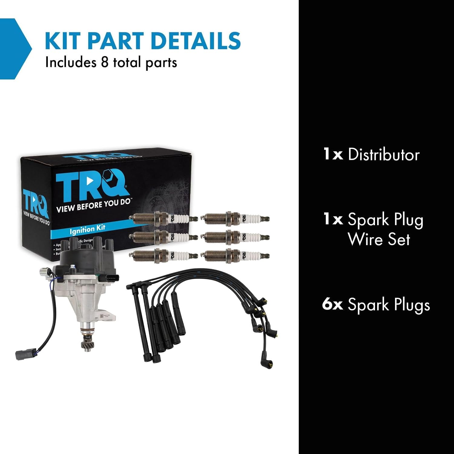 TRQ Ignition Coil and Spark Plug Kit 8 Piece Distributor Spark Plug Wires Compatible with 2002-2004 Nissan Frontier 2003-2004 Xterra
