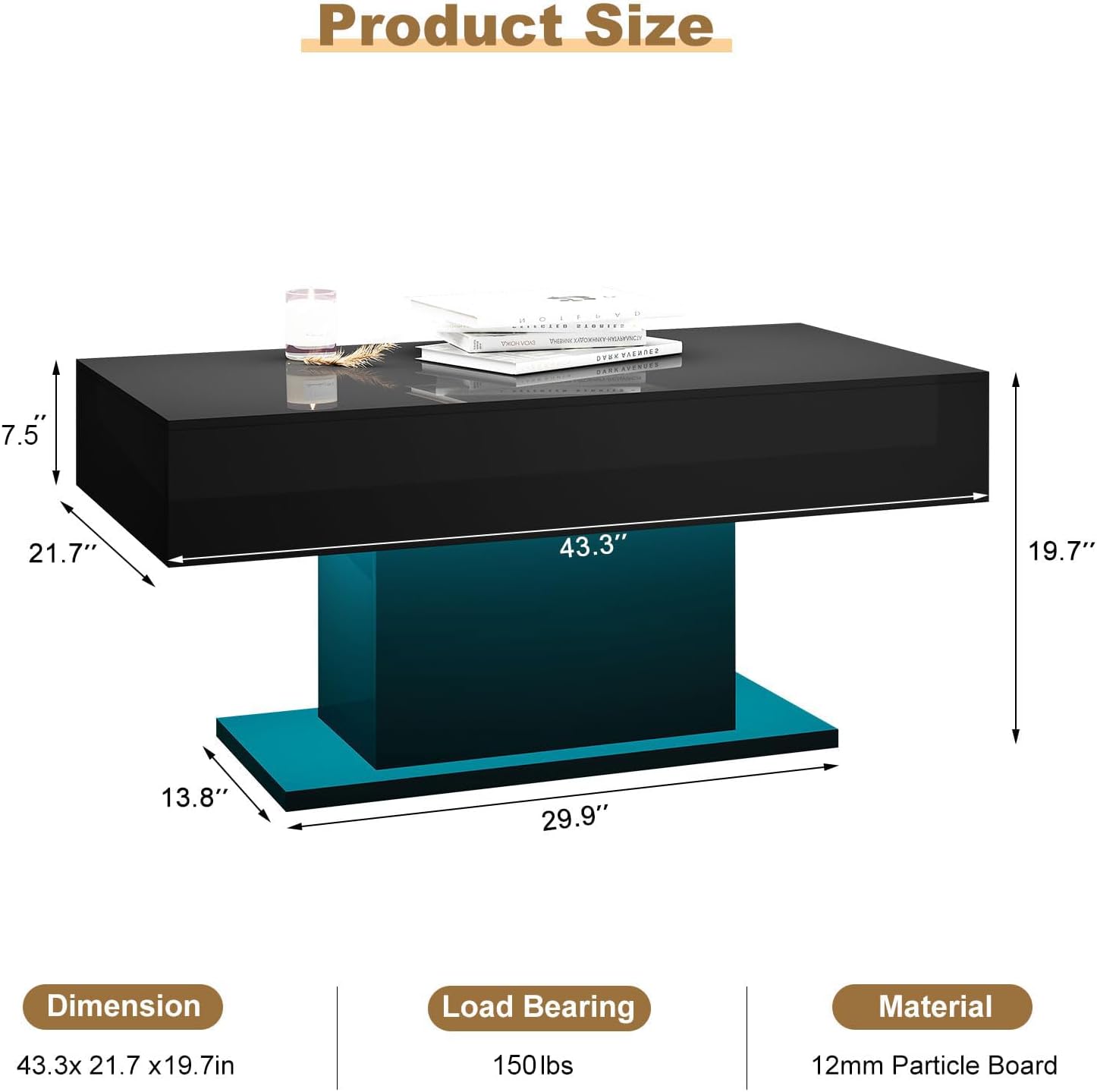 HedoAjim Led Coffee Table for Living Room, Living Room Table Rectangular Center Table, Modern High Glossy Wooden Coffee Tables with 16 Colors LED Lights for Dining Reception Room, Black
