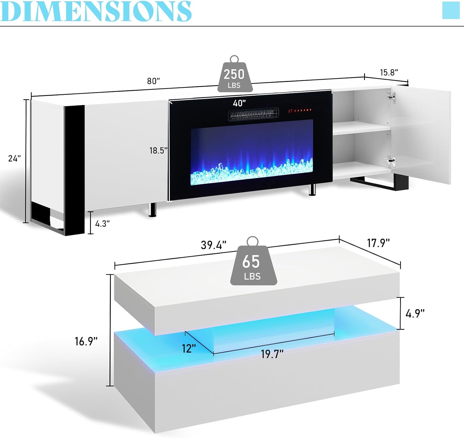 VanAcc 3-Piece Modern Living Room Table Sets, 80' Modern LED TV Stand with 40' Electric Fireplace, High Gloss Coffee Tables for Living Room, White & Black