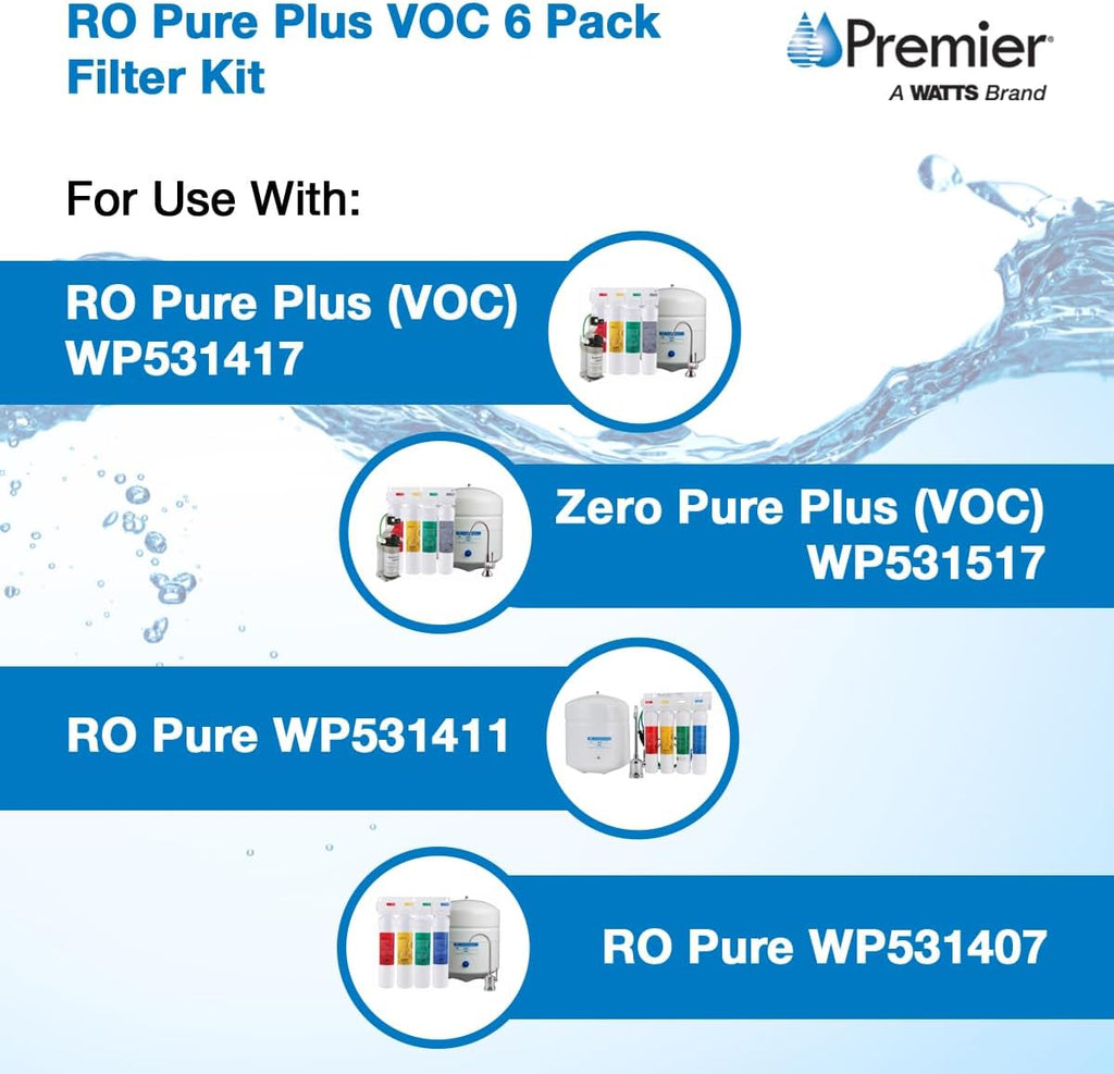 Watts Premier Annual RO Pure Plus 6-Pack Filtration Kit for Zero/Pure Plus Reverse Osmosis System, Push Button Water Filter Replacement, 2 Sediment Filters, 2 Carbon Pre-Filters, VOC, Membrane