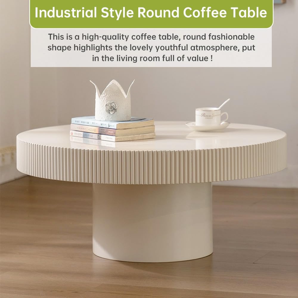Round Drum Coffee Table White Round Fluted Coffee Table Modern Unique Fluted Drum Coffee Tables for Living Room (Ivory White, 30.7 * 30.7 * 13.6')
