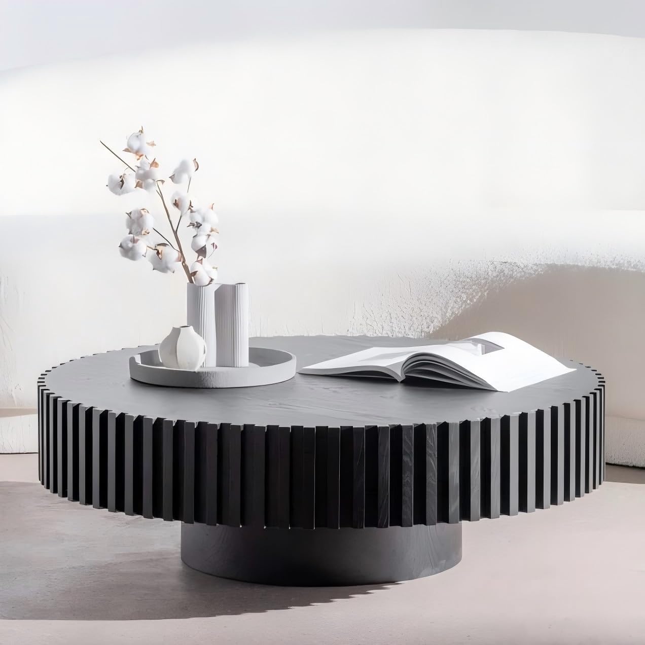 WILLIAMSPACE 31.49' Black Round Coffee Table, Modern Luxury Wood Circle Drum Center Table for Living Room, Accent Side End Table for Apartment, ø31.49'' x 13.77''H (Black)