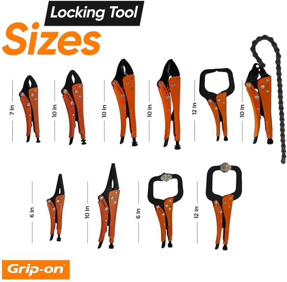 Grip-On 10 Piece Locking Pliers and Clamp Set | Straight & Curved Jaw, Long Nose, Wire Cutter, C-Clamp & Chain Clamp | Welding Pliers & Sheet Metal Tools with Storage Rack
