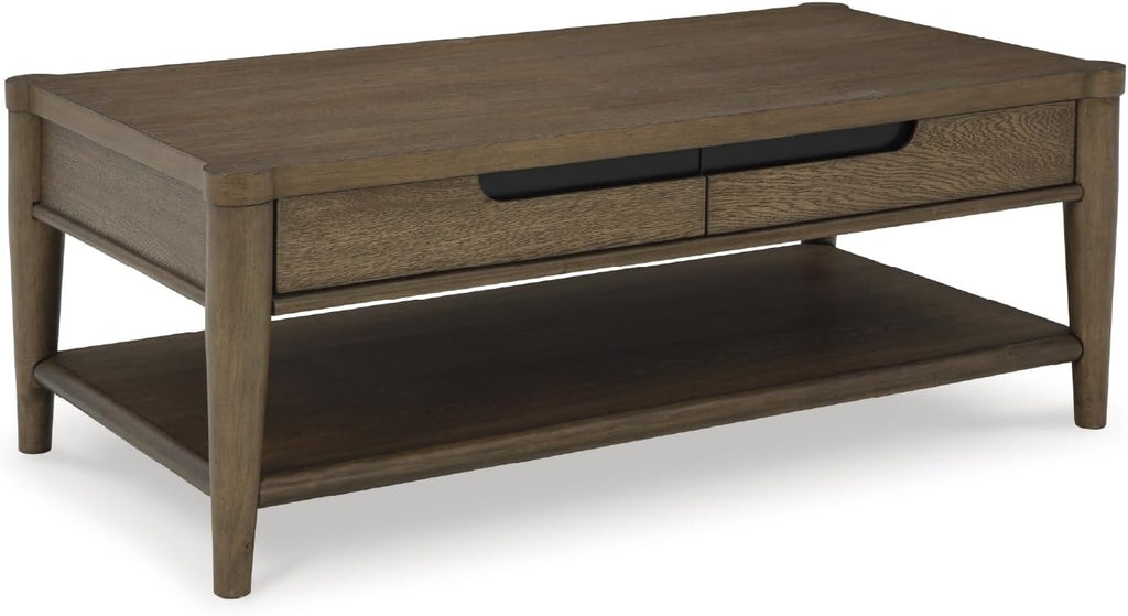 Signature Design by Ashley Roanhowe Contemporary 2-Drawer Coffee Table with Open Lower Shelf and Tapered Legs, Dark Brown
