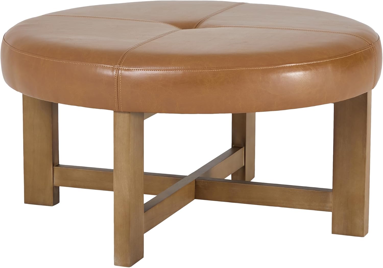 Christopher Knight Home Ladin Modern Round Ottoman Coffee Table, Faux Leather Cocktail Ottoman for Living Room Sofa, Entryway Comfortable Footstool, Wooden Ottoman Foot Rest, Light Brown+Walnut