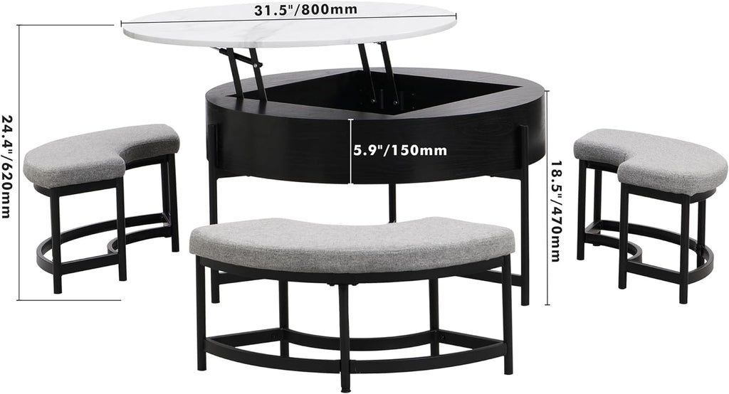Modern Round Lift-Top Coffee Table with Storage & 3 Ottoman for Living Room White & Black