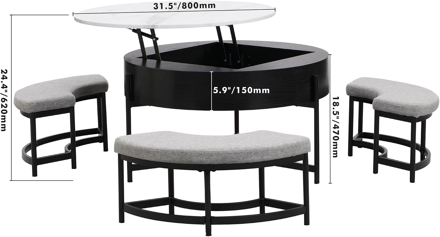 31.5' Modern Round Lift-Top Coffee Table with Storage & 3 Ottoman,White & Black