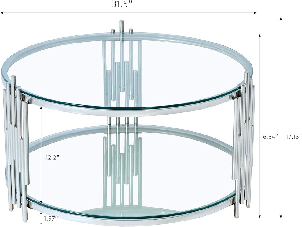 SSLine Round Glass Coffee Table with Silver Stainless Steel Frame Luxury Circle 2-Tier Coffee Table for Living Room Modern Elegant Center Table with Storage Shelves for Home Office