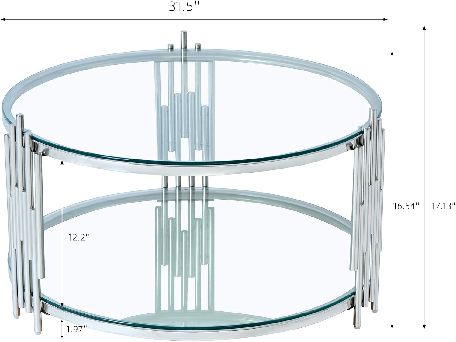 SSLine Round Glass Coffee Table with Silver Stainless Steel Frame Luxury Circle 2-Tier Coffee Table for Living Room Modern Elegant Center Table with Storage Shelves for Home Office
