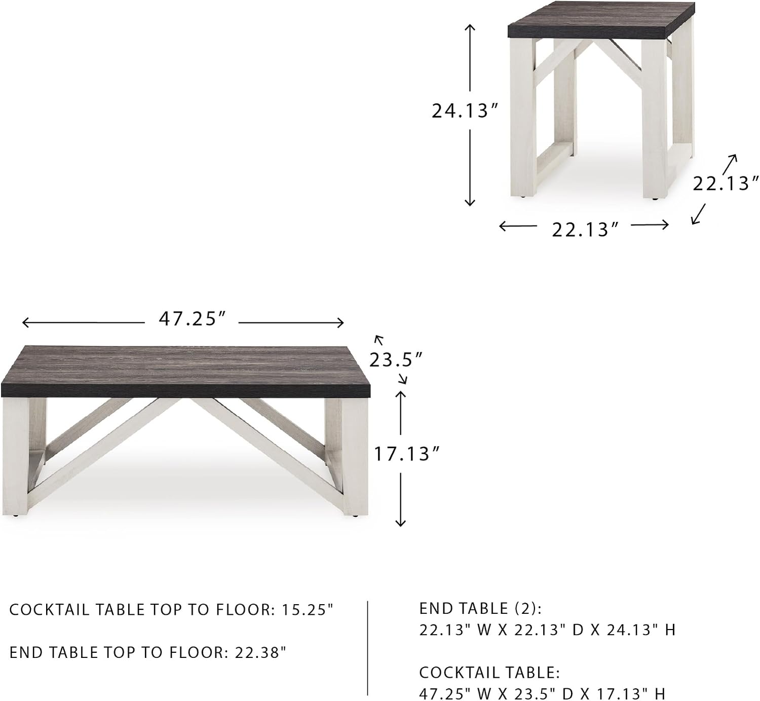 Signature Design by Ashley Dorrinson Farmhouse Table Set for Living Room, Set of 3, Dark Brown & White