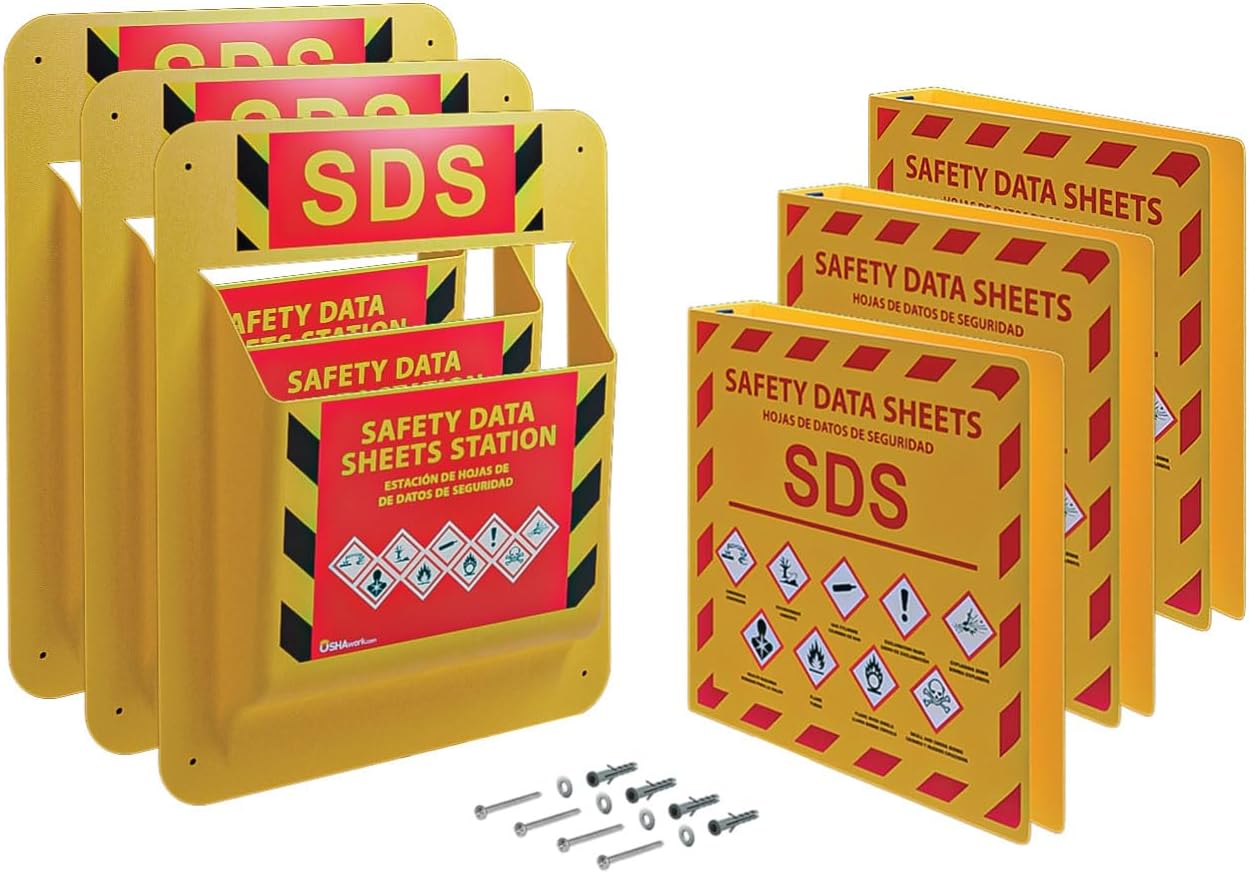 Yellow Safety Inc., 3-Pack, MSDS SDS Binder Wall Station - 2025 Requirements Heavy Duty 3 Inch, 3 Ring Safety Data Sheet SDS, Includes Mounting Hardware