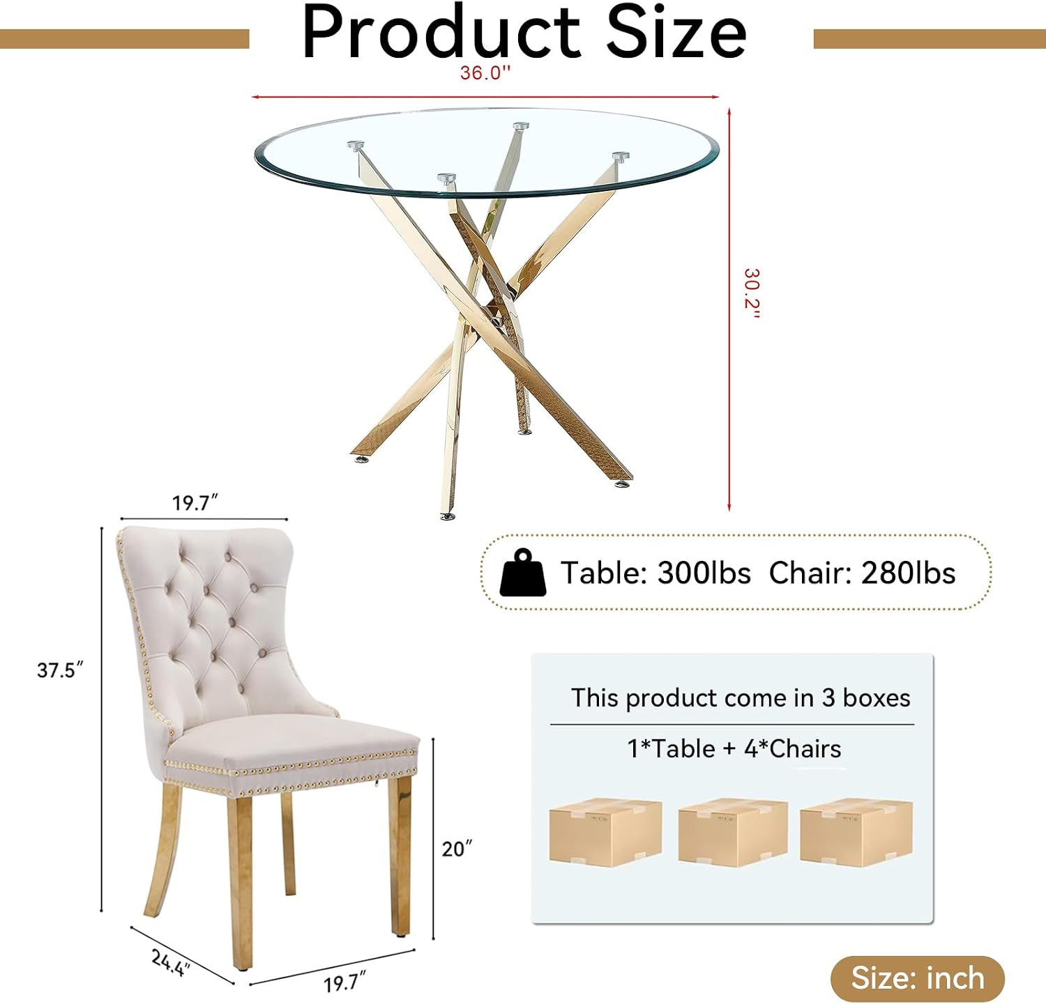 36' Small Dining Table Set of 4, Tempered Glass Round Dining Table and 4 Beige Velvet Dining Chairs, Luxury 5 Piece Circle Kitchen Dining Room Tables Set with Gold Chrome Metal X-Legs