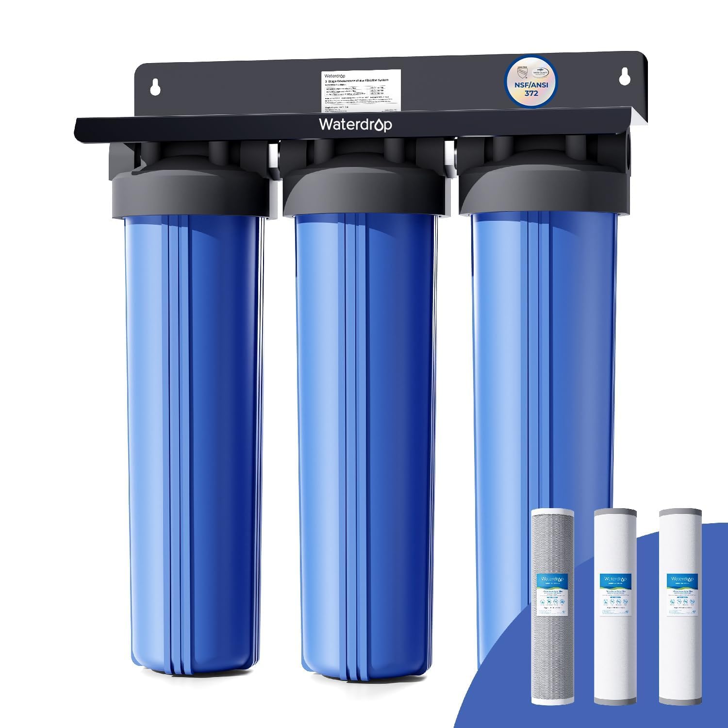 Waterdrop WHF3T-FG 3-Stage Whole House Water Filter System, Reduces Iron & Manganese, Lead, Chlorine, Odor, 7-Stage Filtration, with Carbon Filter & Sediment Filter, 5 Micron, 1' Inlet/Outlet