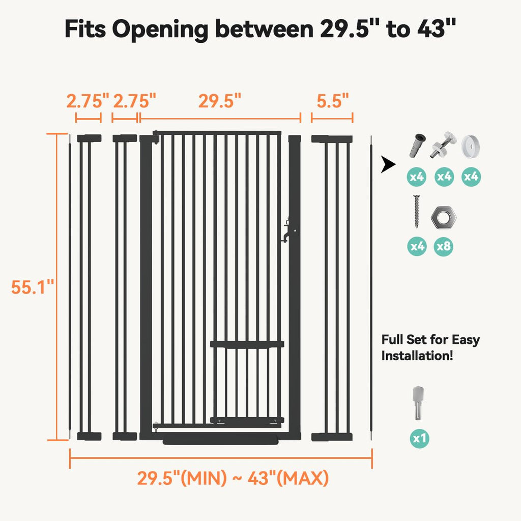 COMOMY 55.1' Extra Tall Pet Gate for Cats, 29.5-43' Extra Wide Cat Gate with Adjustable Cat Door, Pressure Mounted Easy Walk Through Pet Gate with Door for Stairs, Doorways, Kitchen(Black)