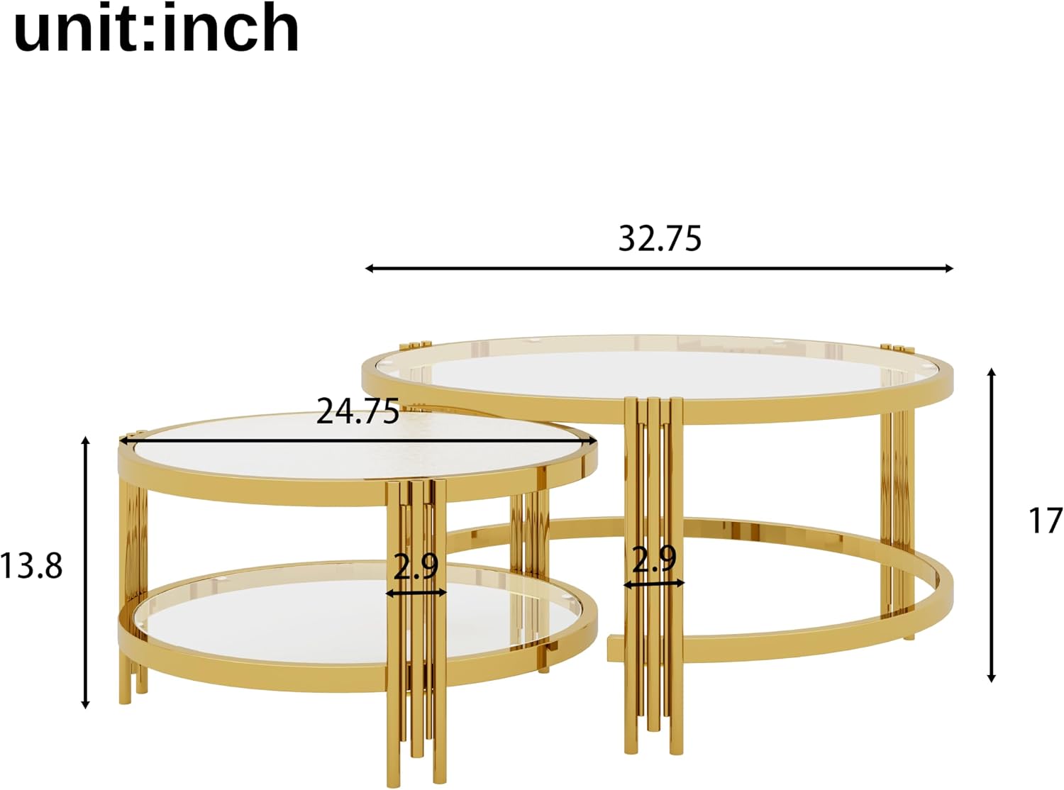 Merax 2-Piece Nesting Round Coffee Table Set, Gold Finish Metal Frame with Textured Tempered Glass Tops, Modern Stylish Accent & Side Table for Living Room, Bedroom, Apartment, Office, Transparent