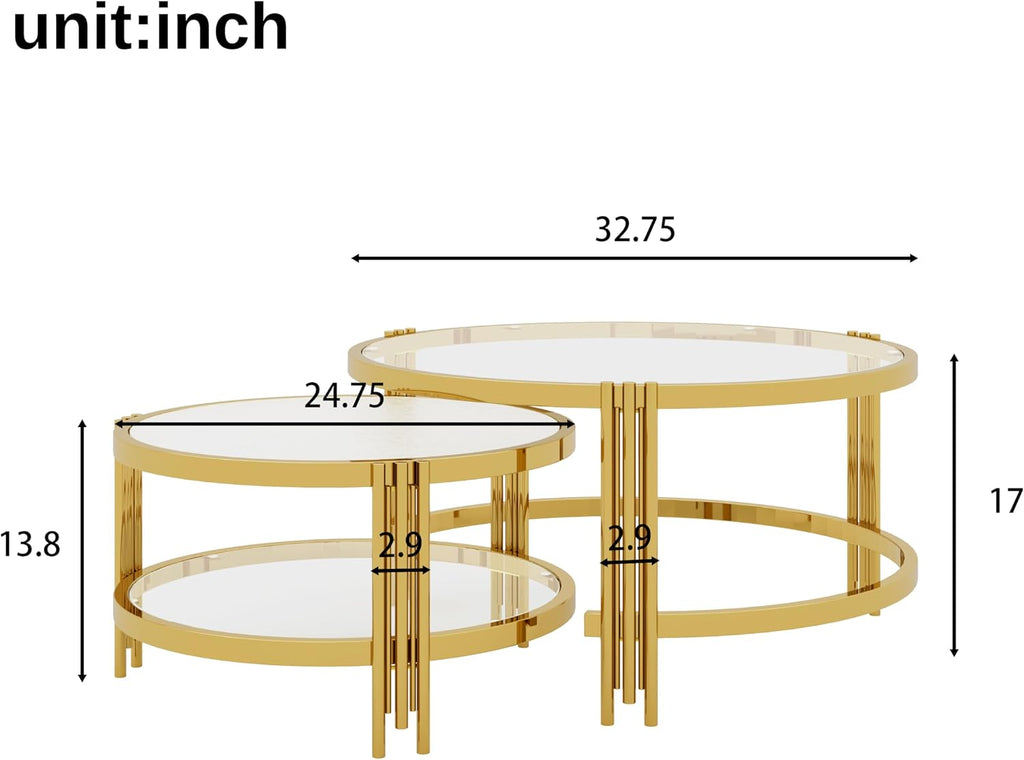 Coffee Table Set of 2 Nesting Round Glass Living Room Table Set Φ 32.75 Modern Simple 2 Tier Middle Center Metal Frame for Small Space Living Room Bedroom Office Meeting Room Gold