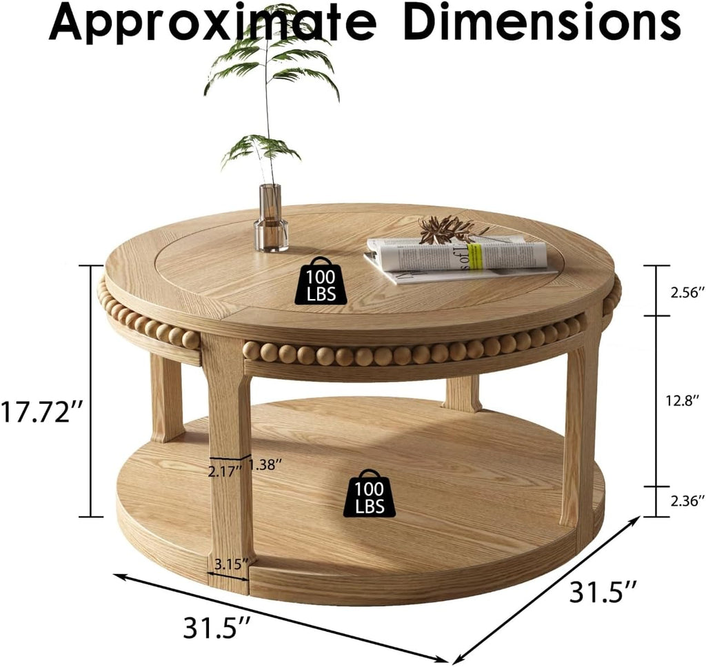 31.5'' Round Coffee Table, 2-Tier Modern Rustic Wood Circle Coffee Table for Living Room, Easy Assembly, Natural