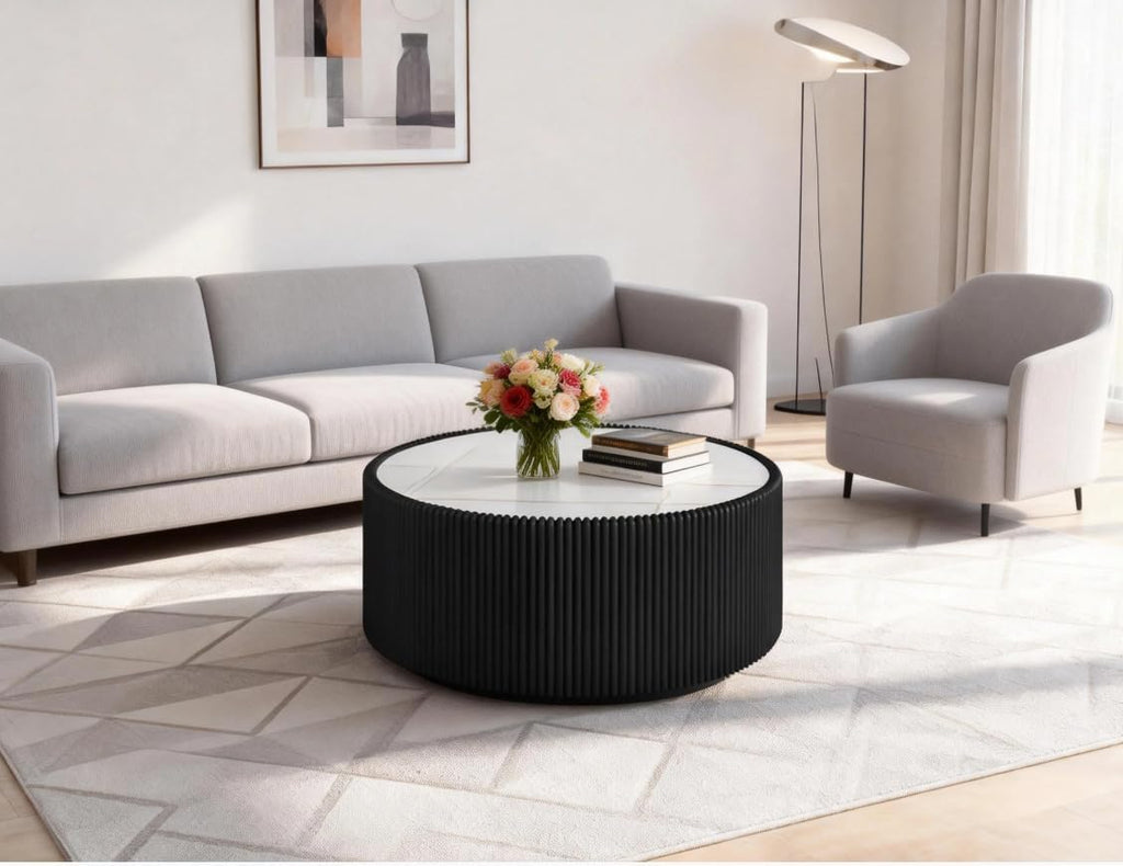 29.5 Inch Gold Pattern Sintered Stone Top & PU Leather Base Cylinder Coffee Table, Modern Drum Shape Side Table, No Assembly Black