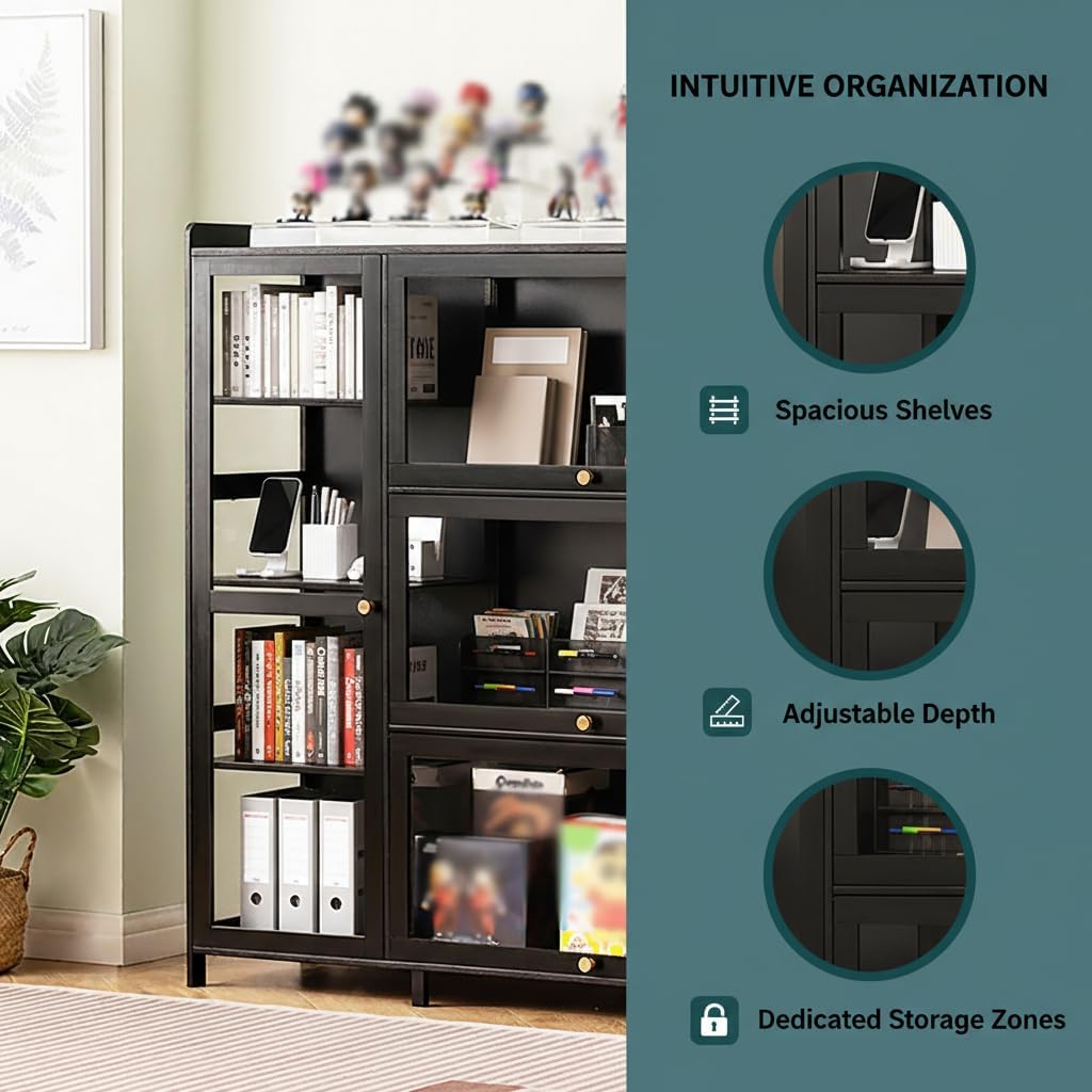 Display Cabinet with Acrylic Doors, 7 Storage Spaces Storage Cabinet & Curio Cabinet with Clear Acrylic Doors, Modern Black Bamboo & Composite Wood for Collectibles, Kitchen, Living Room