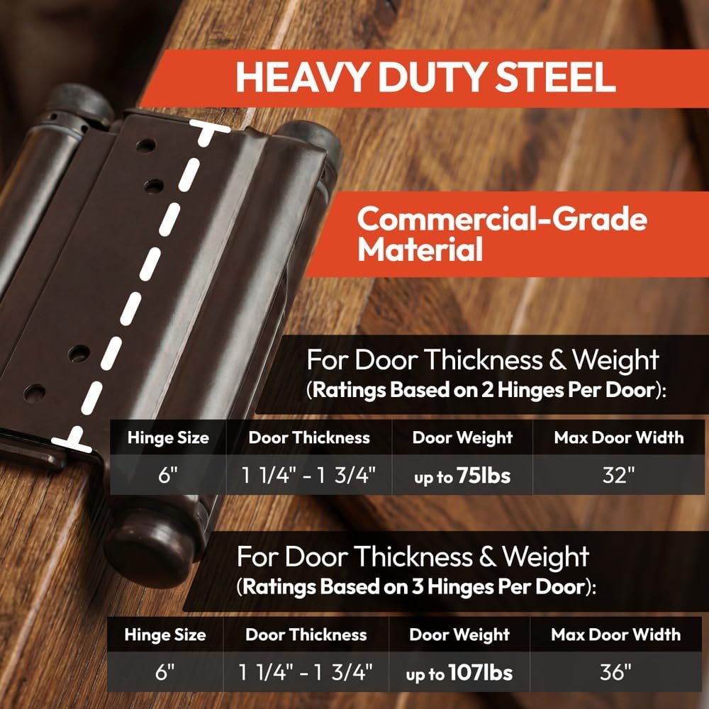 Swinging Cafe Doors - 6' Double Action Hinge – Heavy Duty Door Hinges for Saloon & Cafe Bar Swinging Doorways – Commercial Grade, Adjustable Tension for High Traffic Use, Gloss Black, 4 Units
