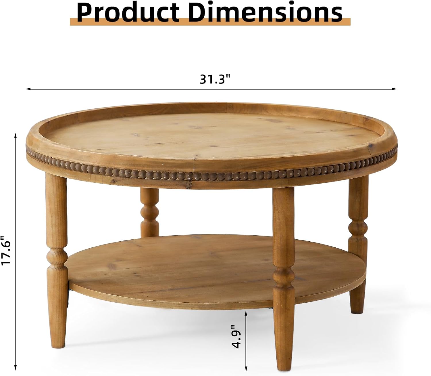 31.3'' Round Boho Coffee Table for Living Room, Modern Countryside Farmhouse Rustic Wood 2-Tier Coffee Table, Walnut Brown
