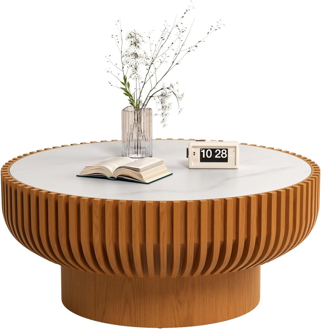 31.5' Round Coffee Table with Sintered Stone Tabletop, Modern Drum Fluted Center Table with Pine Wood Veneered, Unique Circle Wood Coffee Table for Living Room (Brown, 31.5' Sintered Stone Tabletop)