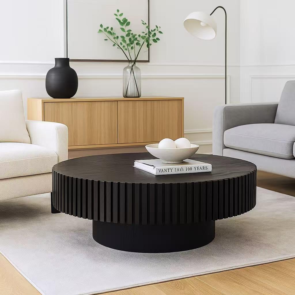 39.4' Round Coffee Table for Living Room, Modern Wooden Coffee Table Circle Center Table with Solid Wood Veneered, Easy Assembly, Black