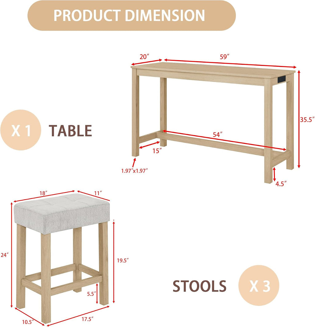 Merax 59 inch Bar Table Set with Power Outlet & Charging Hub, Industrial Solid Wood High Top Table with 3 Linen Upholstered Stools for Kitchen, Living Room, Dining Room,Light Oak+Linen Grey