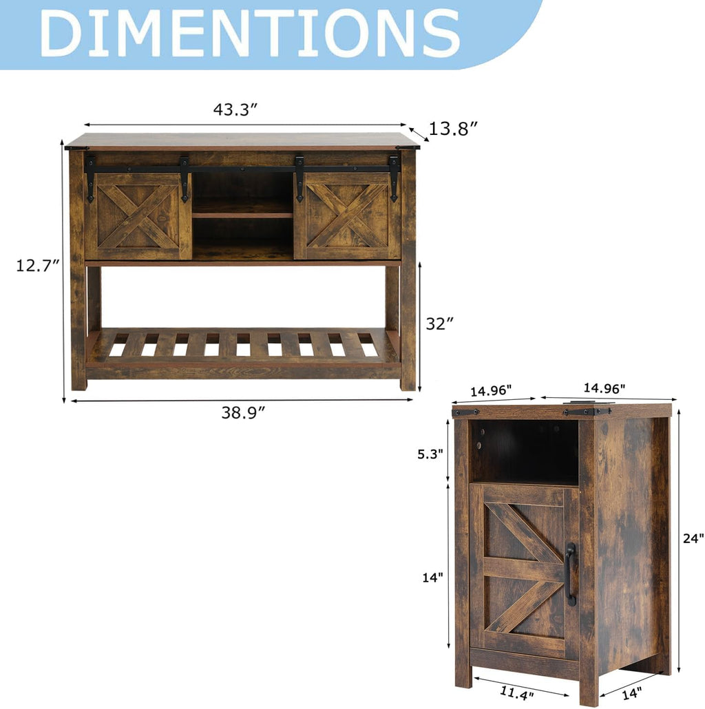 Farmhouse Living Room Table Set of 3, 2 Rustic End Table with Charging Station and 1 Sofa Table with Large Hidden Storage, Farmhouse Sofa Table Set for Living Room, Office, Blue