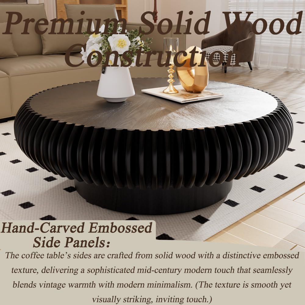 Round Coffee Table for Living Room Modern Solid Wood Fluted Design Coffee Tables with Sturdy Pedestal for Small Space Circle Center Table Accent Tea Table for Apartment, Easy Assemble (Black, 39.4)
