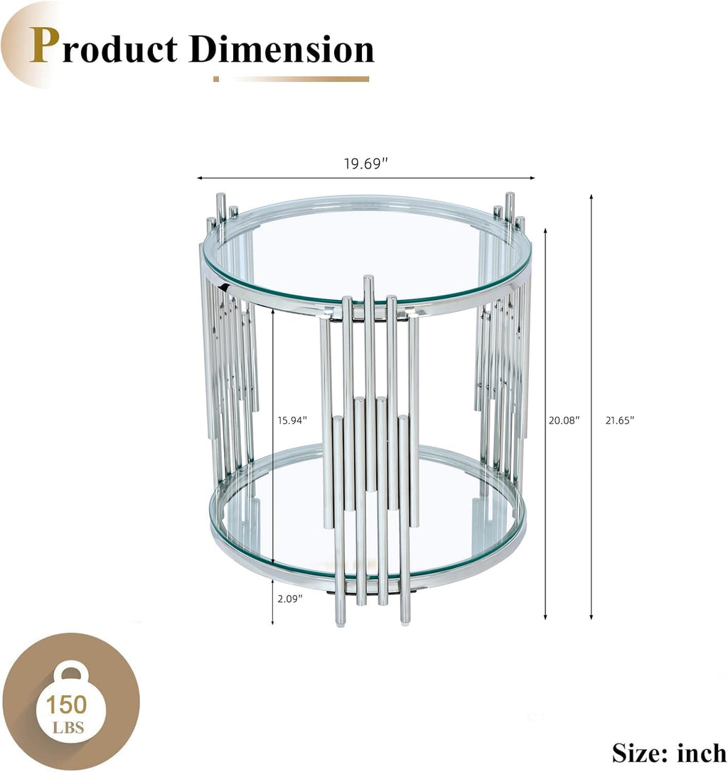 Round Glass End Table, 19.7' Circle Sofa Side Table with Silver Stainless Steel Base, Clear Glass Accent End Table Bedside Table Nightstand for Living Room Bedroom Office