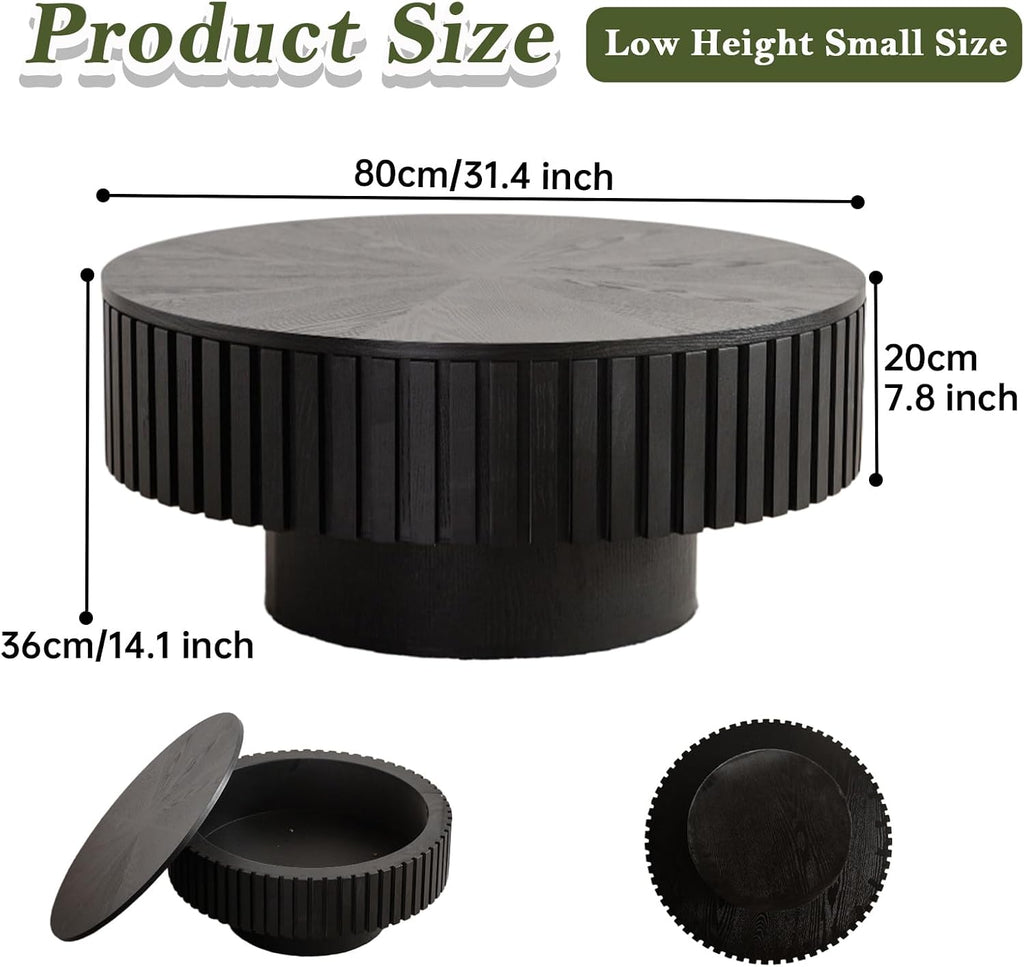 Round Coffee Table with Storage Modern Round Storage Coffee Table Black Fluted Drum Coffee Table Low Circle Coffee Tables for Living Room (Black B, 31.4')