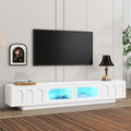 86.6' LED TV Stand with Fluted Tempered Glass Doors for TVs Up to 95'', Functional Media Console Entertainment Center with Arched Cabinet Doors (White)