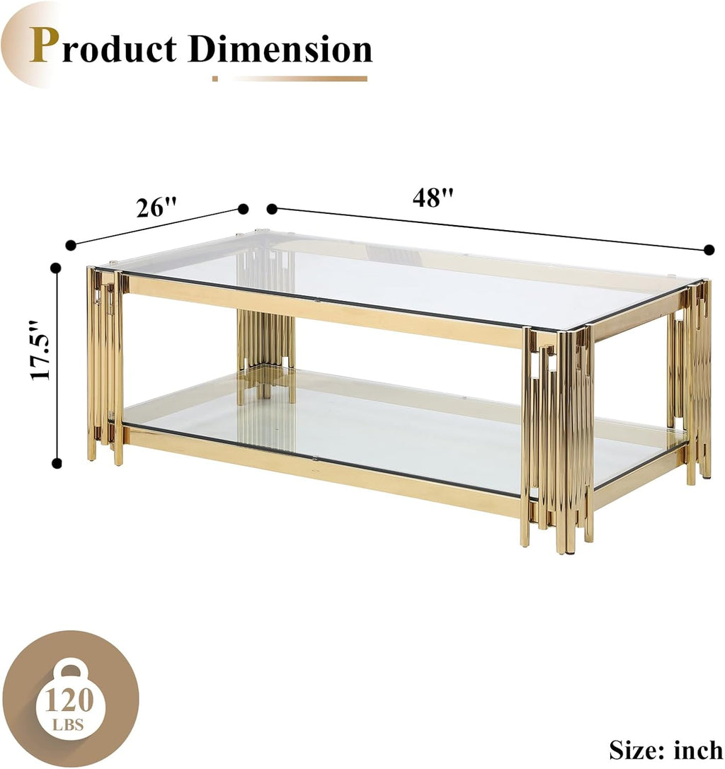 48' Rectangle Glass Coffee Table with Storage, Luxury 2-Tier Living Room Center Table w/Gold Stainless Steel Frame, Modern Clear Glass Coffee Cocktail Tea Table for Home Office